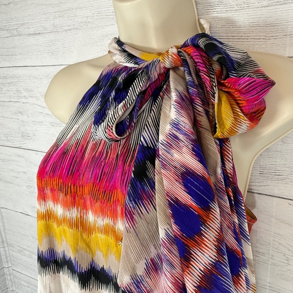 Trina Turk medium 100% silk Halter blouse women tie rainbow stripe resort boho - Picture 8 of 9